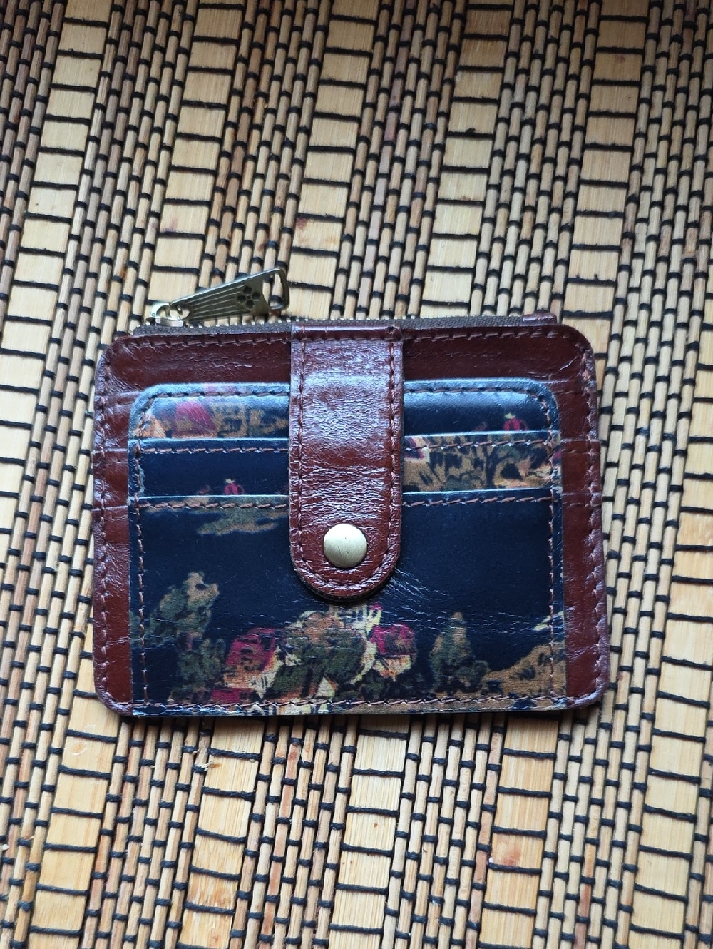 Brown Leather Snap Card Case with Floral Print